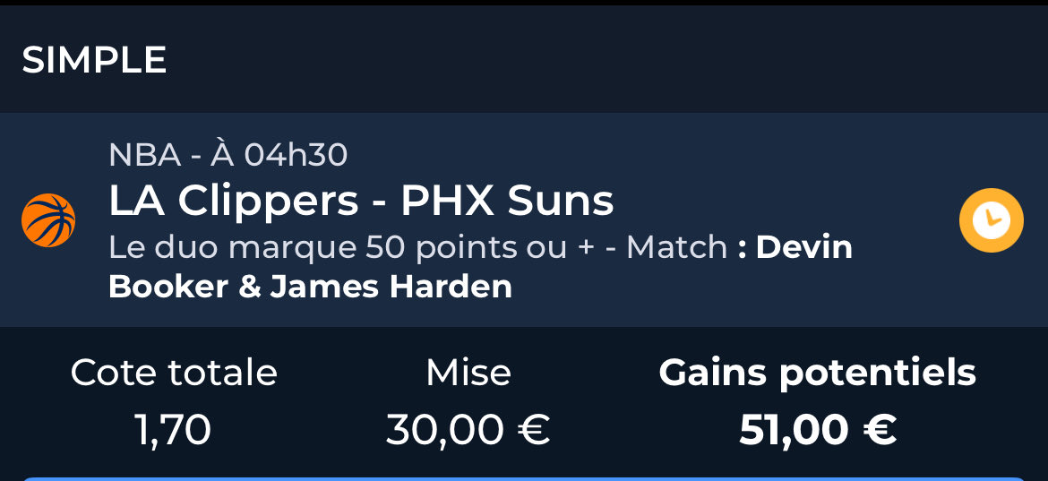 FastBreakTips's tweet image. Dernier bet #NBA du soir 

Harden &amp;amp; Booker 50 pts
@ 1,70 💰 1.5% 

❤️ si tu suis 
#TeamParieur #FastBreakTips