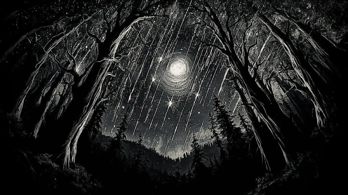 Out foraging at midnight, I saw a moonbow. Meteors spilled like fireflies… star struck, undone. Moss cradled me, green as forgiveness. I returned altered: Misty moonbow / Stars fall, I rise / Moss cradles. I carry forest inside. I nearly died, watching supernovas collide