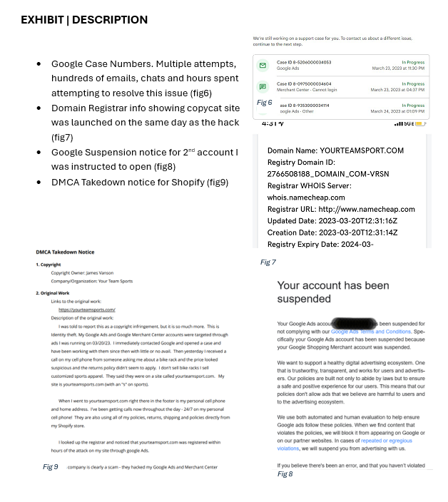 CoolTopShopTees's tweet photo. @GoogleAds 18-yr GMC [OLD-GMC-ID] hacked Mar 2022. IC3 #[IC3-NUMBER]. Support told me to open 2nd account—now perma-banned. Full evidence attached. Reinstate https://t.co/ENHY6Iokyc https://t.co/sZkahodd55