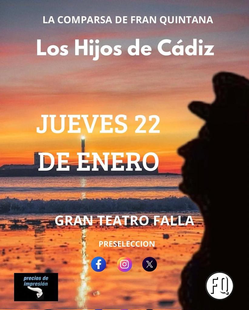 Jueves 22 Enero, "Los Hijos de Cádiz" en el Gran Teatro Falla. ¡Vamos allá!

#COAC2026
#LaComparsaDeFranQuintana
#CarnavalDeCadiz