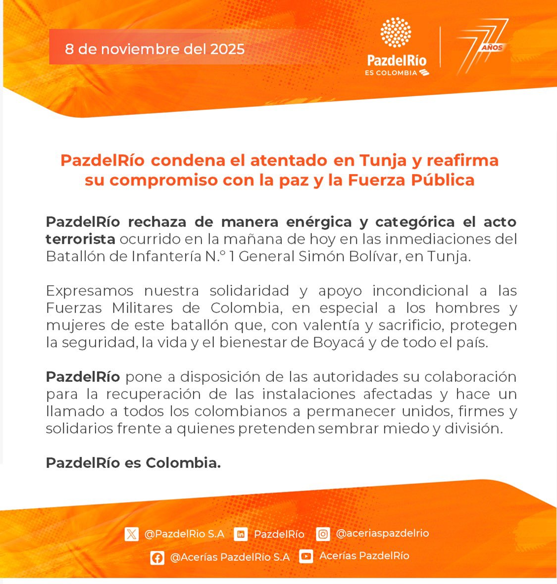 PazdelRío condena el atentado en #Tunja y reafirma su compromiso con Colombia y su <a href="/FuerzasMilCol/">Fuerzas Militares de Colombia</a> <a href="/GobBoyaca/">Gobernación de Boyacá</a> 

#PazdelRíoEsColombia #TodosPorBoyacáEnPaz
#TodosEnContraDelTerrorismo