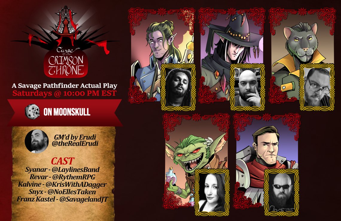 Join us in ONE HOUR for #Savageworlds CURSE OF THE CRIMSON THRONE!

<a href="/TheRealErudi/">Erudi</a> is our GM

 <a href="/LaylinesBand/">Laylines</a> , <a href="/RythemRPG/">Rythem</a> , <a href="/SavagelandJT/">JT Savage</a> , <a href="/NoEllesTaken/">NoLsTaken</a> &amp;  <a href="/Kriswithadagger/">Kris</a> are our players!

Art by: <a href="/sebaguidobono/">Seba Guidobono</a>