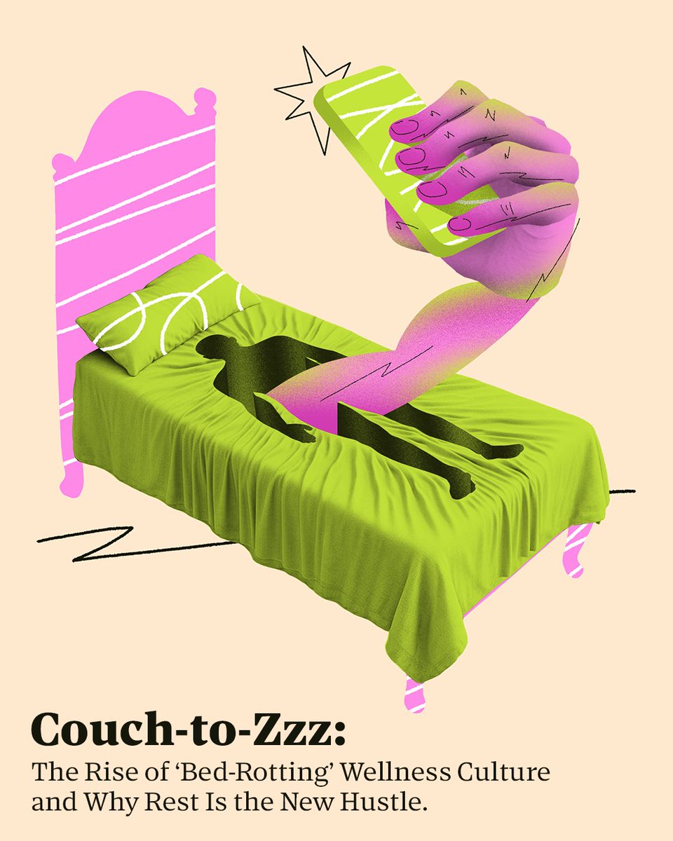 Couch to Zzz: The rise of ‘Bed Rotting’ wellness culture and why rest is the new hustle.
#editorialillustration #digitalart #wellnessculture #modernlife #artofrest #culture