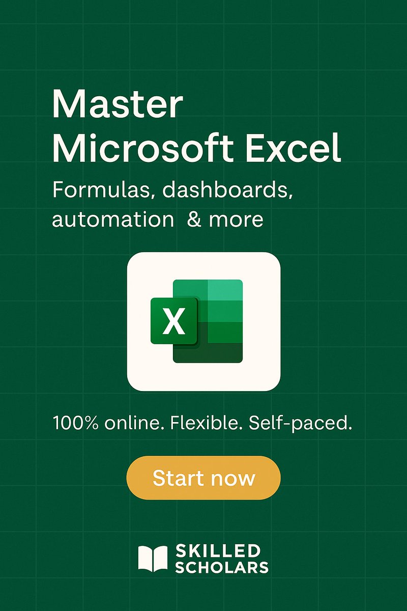 skilledscholar's tweet image. 📊 Want to boost your productivity?

Learn to master Microsoft Excel—formulas, dashboards, automation &amp;amp; more.

💻 100% online. Flexible. Self-paced.

Start now 👉 skilledscholars.com/courses/master…

#ExcelSkills #OnlineLearning #SkilledScholars #ProductivityTools #CareerSkills