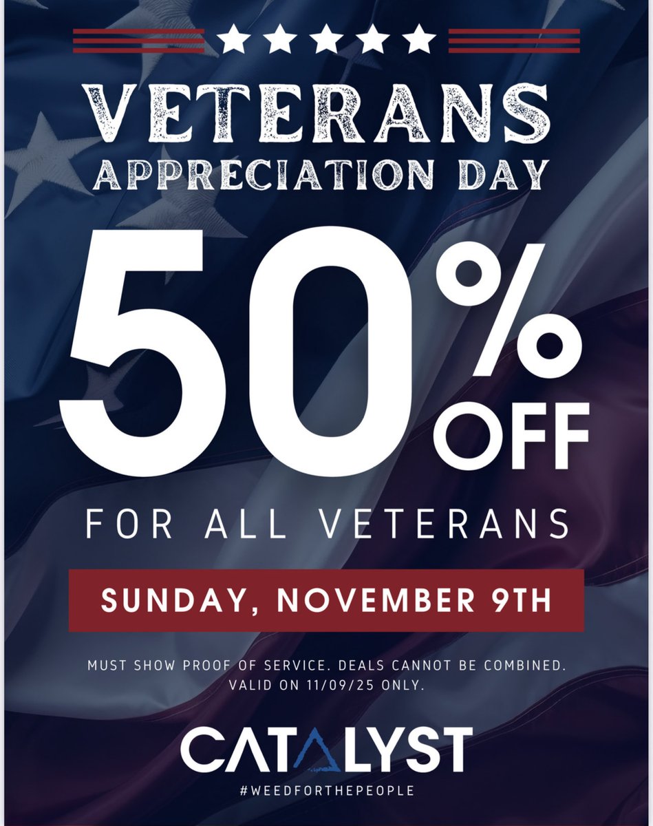 Catalyst_WFTP's tweet image. 🇺🇸 Tomorrow we’re honoring our heroes! All veterans get 50% off the entire store at every Catalyst location — just show proof of service. Thank you for your service! ❤️💙 #VeteransDay
