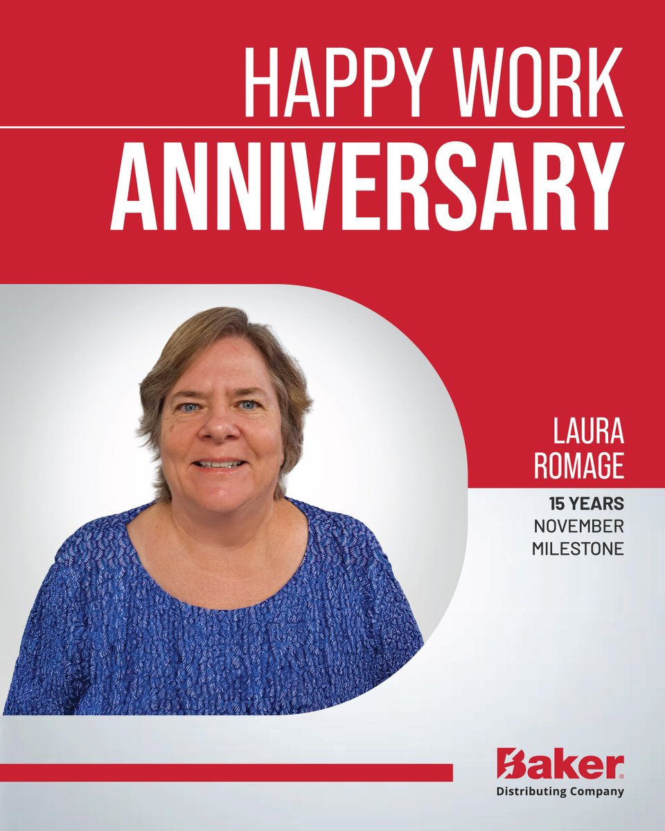 BakerDist's tweet image. Join us in congratulating Laura Romage, Assistant AP Supervisor in Jacksonville, FL, on her 15-year work anniversary with Baker! We hope to have many more years of success together! #BakerDistributing #WorkAnniversary #15YearsStrong #BakerCareers