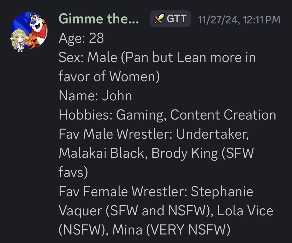 6tspu's tweet photo. But in recent times screenshots have been shared (I did not take these I am just a messenger) of John not only still objectifying women, but now objectifying professional wrestlers in some sort of wrestling sexual discord server which is utterly disgusting. 

4/7 https://t.co/UENhADQ4JA