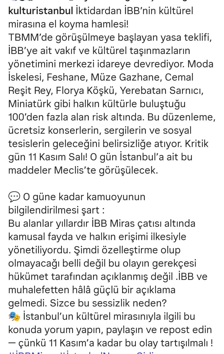 İstanbul halkına hizmet veren kültürel taşınmazların merkezi idareye devri ile ilgili tasa teklifi 11 Kasım'da TBMM'ye gelecek.

Bu alanlardan kültürel olarak faydalanmış İstanbulluların ses yükseltmesi gereken bir konu bu. #İBBMiras #İstanbulNereyeGidiyor