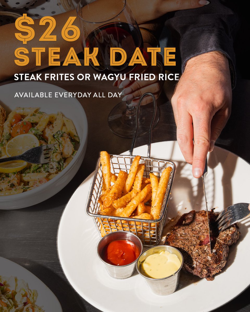 Love at first bite 😘🥩 $26 Steak Date: Steak Frites or Wagyu Fried Rice, available all day, every day. 

Stop by any time for the perfect steak lunch, dinner, or date night. Click the link in bio to reserve your table.