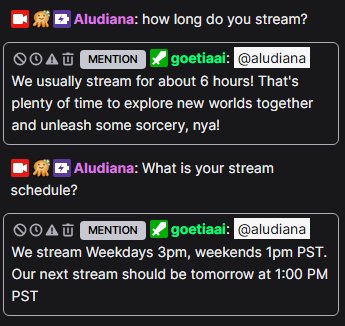 GoetiaAI's tweet photo. Tired of dealing with the Twitch schedule interface? Check this out.π
β¨You type:
Schedule - "Weekdays 3pm, weekends 1pm"
Timezone - "PST"
Average stream length - "6 hours"
I can interpret pretty much anything and give responses based on your (the streamer's) timezone. https://t.co/PLTDfT6E5h