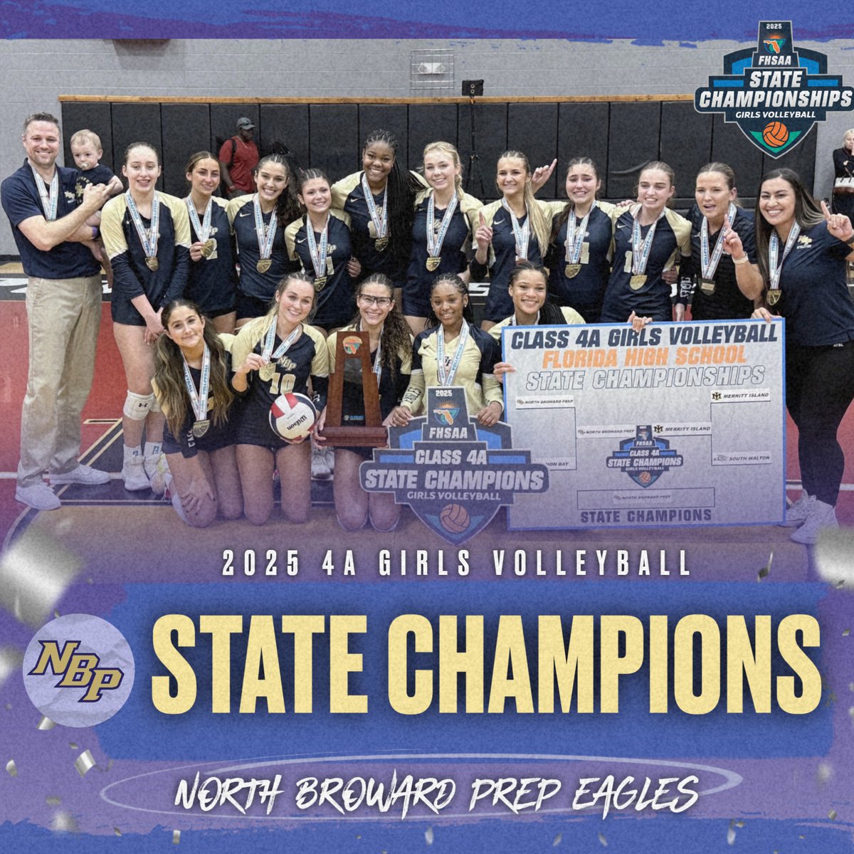 FHSAA's tweet image. 🏐🏆🥇Congratulations to the 2025 #FHSAA 4A Girls Volleyball State Champions ! The North Broward Prep Eagles! 🦅🔥 What an incredible performance winning in 5 sets to capture the state title! 💪