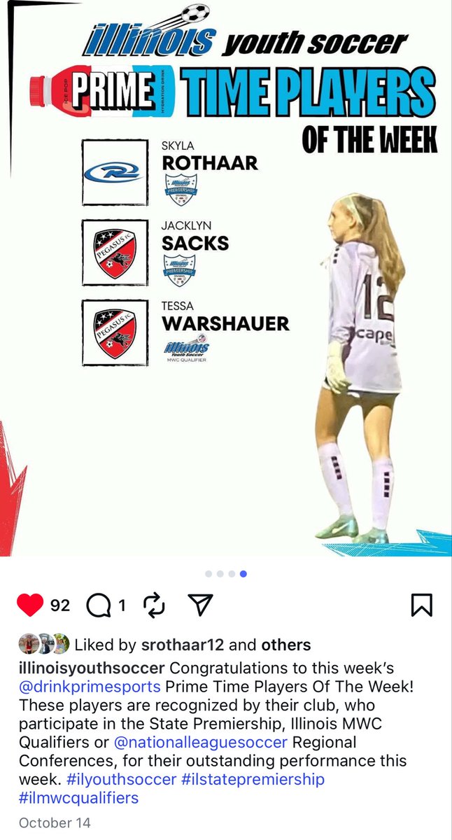 SkylaRothaar's tweet photo. Proud to be recognized as an Illinois Youth Soccer Prime Time Player of the Week while repping @RushSoccer in the State Premiership this fall! 🔵⚽️ 🙌🧤@PrimeHydrate https://t.co/dykNl3SUTO
