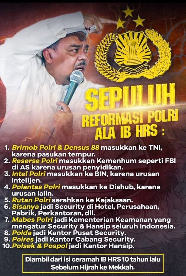 <a href="/JimlyAs/">Jimly Asshiddiqie</a> 1. Cabut hak memegang dan menggunakan senjata api
2. Cabut semua pangkatnya (Jadikan PNS)
3. Tempatkan dibawah Kemenhumkam
4. Rampingkan struktur organisasi 
5. Cabut sbg penyidik (cukup Jaksa saja)
6. 1,2,3,5 sumber kepongahan/melampaui batas!

Atau seperti ini👇kecuali 7,8,9,10