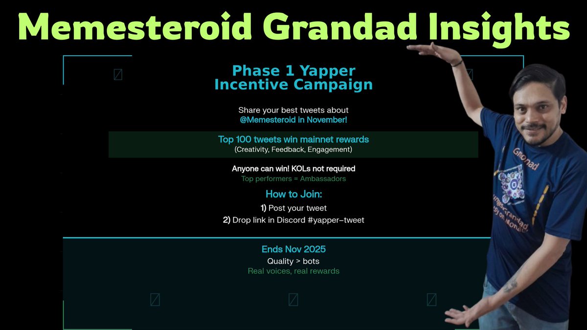 marvedha63285's tweet image. 🚀 Memesteroid Grandad Insights

Phase 1 Yapper Incentive Campaign is live—share your best tweets about @memesteroid all Nov!

Top 100 tweets win mainnet rewards for creativity, feedback, &amp;amp; engagement.

Anyone can win—no KOL status needed!
Drop your tweet in the Discord #yapper