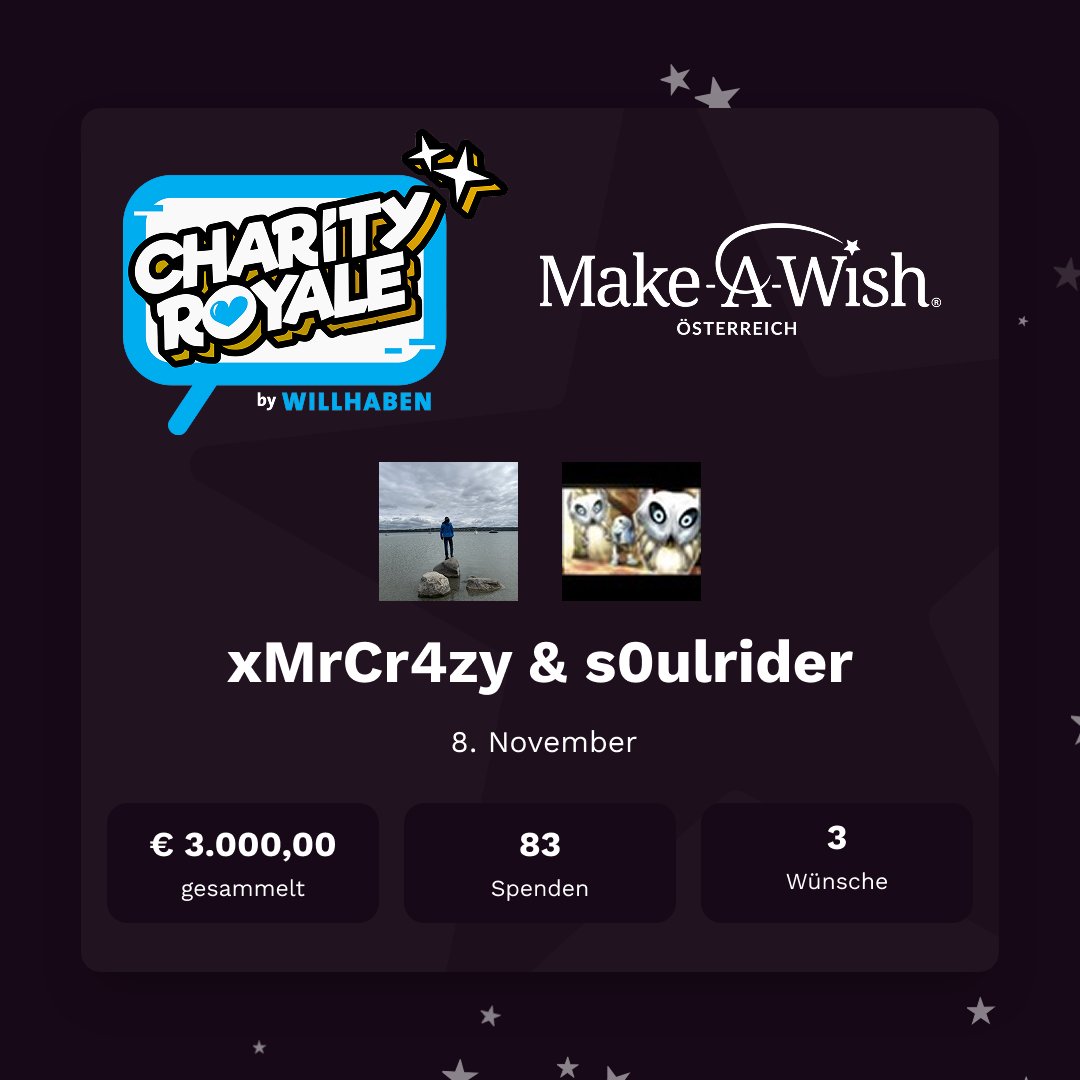 DICKES DICKES DANKE an alle, die heute bei uns im Stream gespendet haben. Ich hab wirklich keine Ahnung wie wir 3.000 € für Herzenswünsche von schwerkanken Kinder gesammelt haben. Bussi auch an mein Duo <a href="/s0ulrider1/">s0ulrider</a> und damit bin ich im Bett. &lt;3