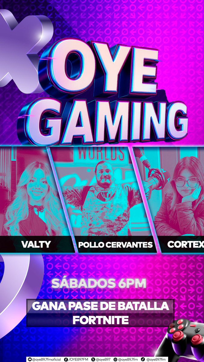Todos tus sábados estarán llenos de #Gaming con #Cortex  #Valty y #PolloCervantes en #Oye897fm 🎮 Sintoniza de 18 a 19 hrs 🤯

Tendremos noticias y muchas sorpresas 🫣 ¿Te gustaría ganarte un pase de batalla de #Fornite? 👾

#OyeGaming #VideoJuego #fornite #battleroyal