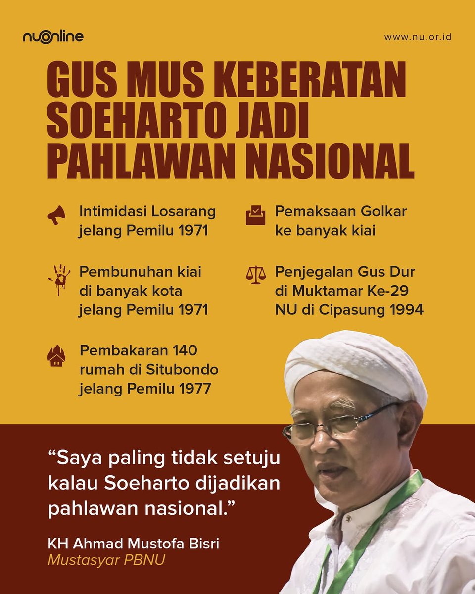 nu_online's tweet image. Munculnya pengusulan Soeharto sebagai Pahlawan Nasional oleh pemerintah menimbulkan reaksi berantai dari berbagai pihak, khususnya karena adanya dilema sejarah yang belum terselesaikan.

Salah satu suara penting dalam perdebatan ini datang dari salah seorang Mustasyar Pengurus…