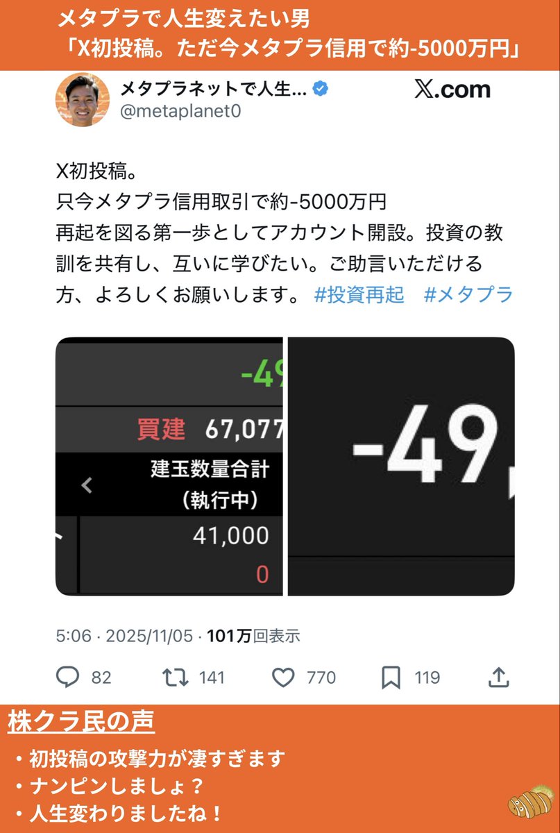tonkatsu_index's tweet photo. ＜今週の株クラ＞
①cis「俺の持ち高ベスト5。日経平均・ハゲバン・アドバン・キオクシア・レーザー」
②MIKU ²「フジクラ、フルレバ5.1億買い」
③メタプラで人生変えたい男「X初投稿。ただ今メタプラ信用で約-5000万円」
④マリュリュ「株を始めて2ヶ月で200万を達成しました。ビギナーズラック🤞」 https://t.co/D6xbJYvwBj