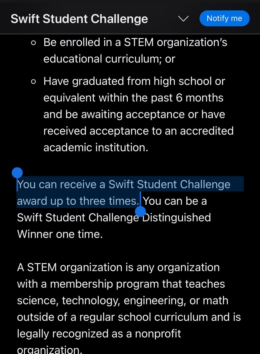 CustusFox's tweet image. Nooo 😭
Just found out you can „only“ win the Swift Student Challenge three times now...
Thought I had one last chance, but I guess that&apos;s it for me 🫶

#SwiftStudentChallenge