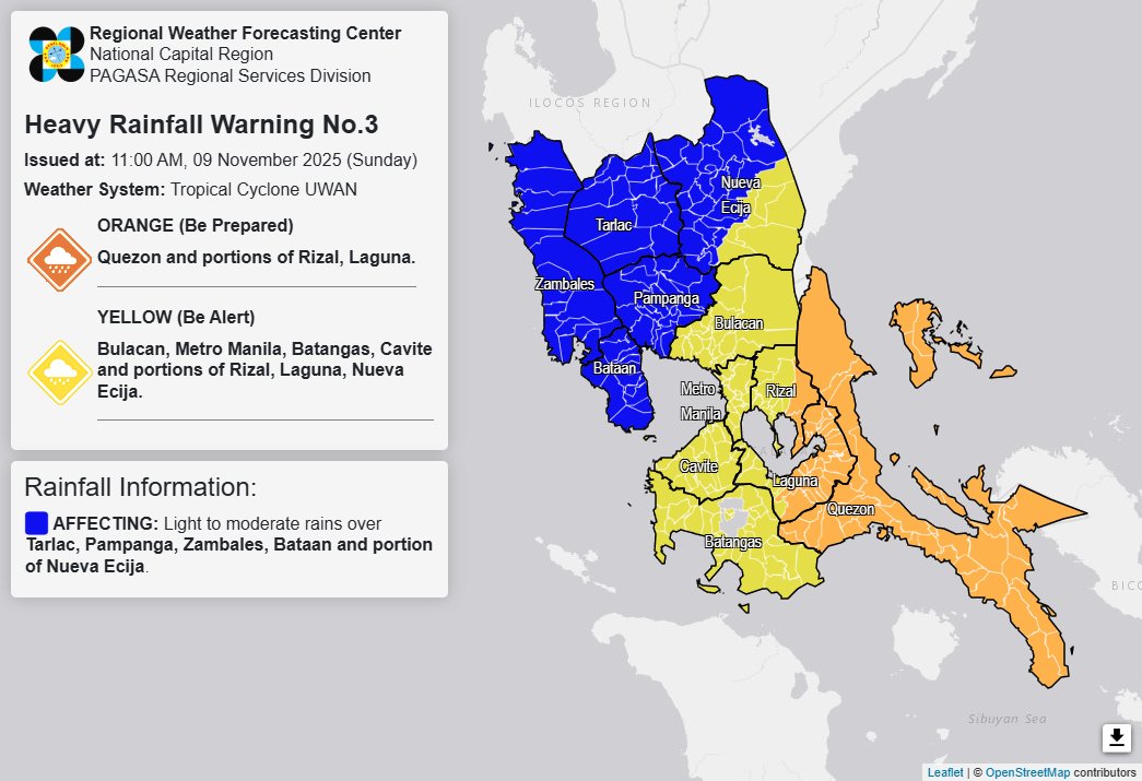 dost_pagasa's tweet image. Heavy Rainfall Warning No. 3 #NCR_PRSD
Weather System: Tropical Cyclone UWAN
Issued at: 11:00 AM, 09 November 2025(Sunday)

ORANGE WARNING LEVEL: Quezon, Rizal(Tanay, Pililla, Jala-Jala) and Laguna(Santa Maria, Cavinti, Kalayaan, Siniloan, Pangil, Paete, Pakil, Famy, Mabitac, San…