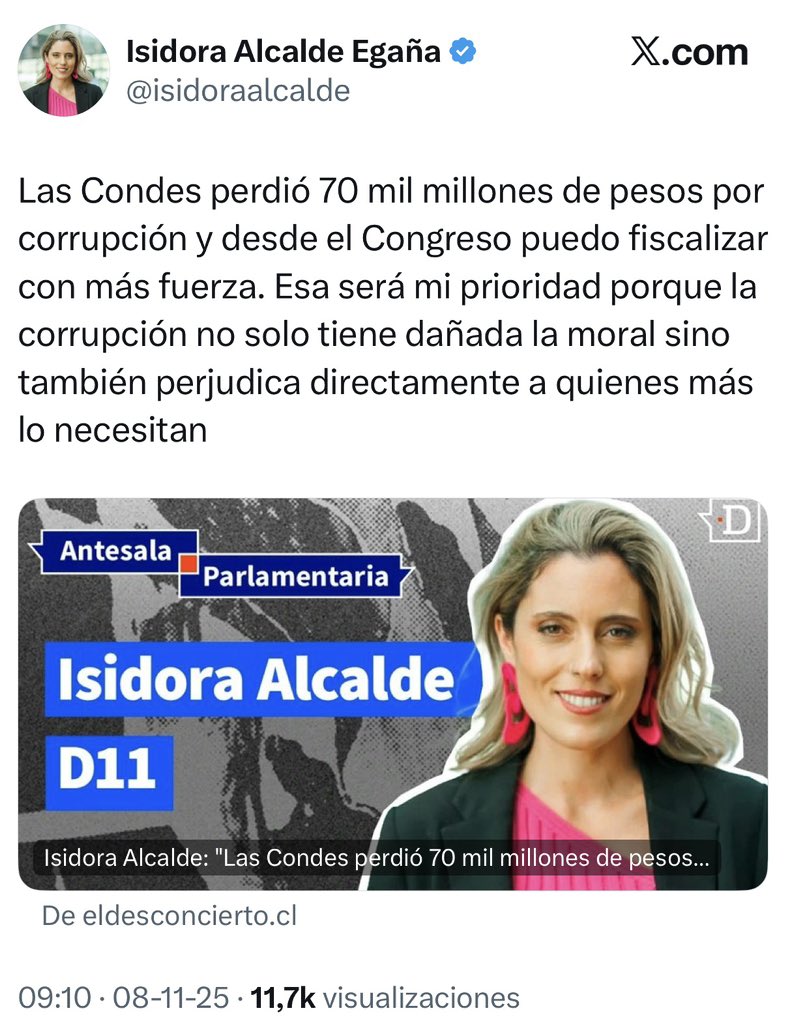 ¿Me pueden explicar cómo una candidata a diputada por el distrito 11 como <a href="/isidoraalcalde/">Isidora Alcalde Egaña</a>, que fue jefa de comunicaciones de la desaforada <a href="/CatalinaPerezS/">Catalina Pérez Diputada</a>, viene a hablar que su prioridad será combatir la corrupción? LA AUDACIA