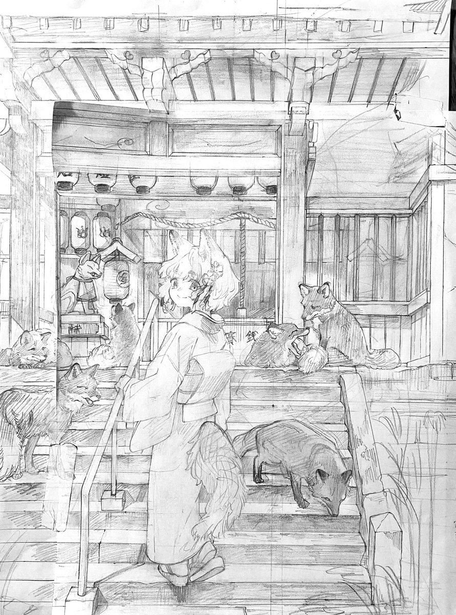 #狐たちの隠れ里 最終日🦊✨
最後までどうぞよろしくお願いします!
メインビジュアル『憩い』、額装作品『秋空の狐たち』の下絵を発掘したのでご紹介✏️
初期のゆる〜いきつねたちも気に入っています。