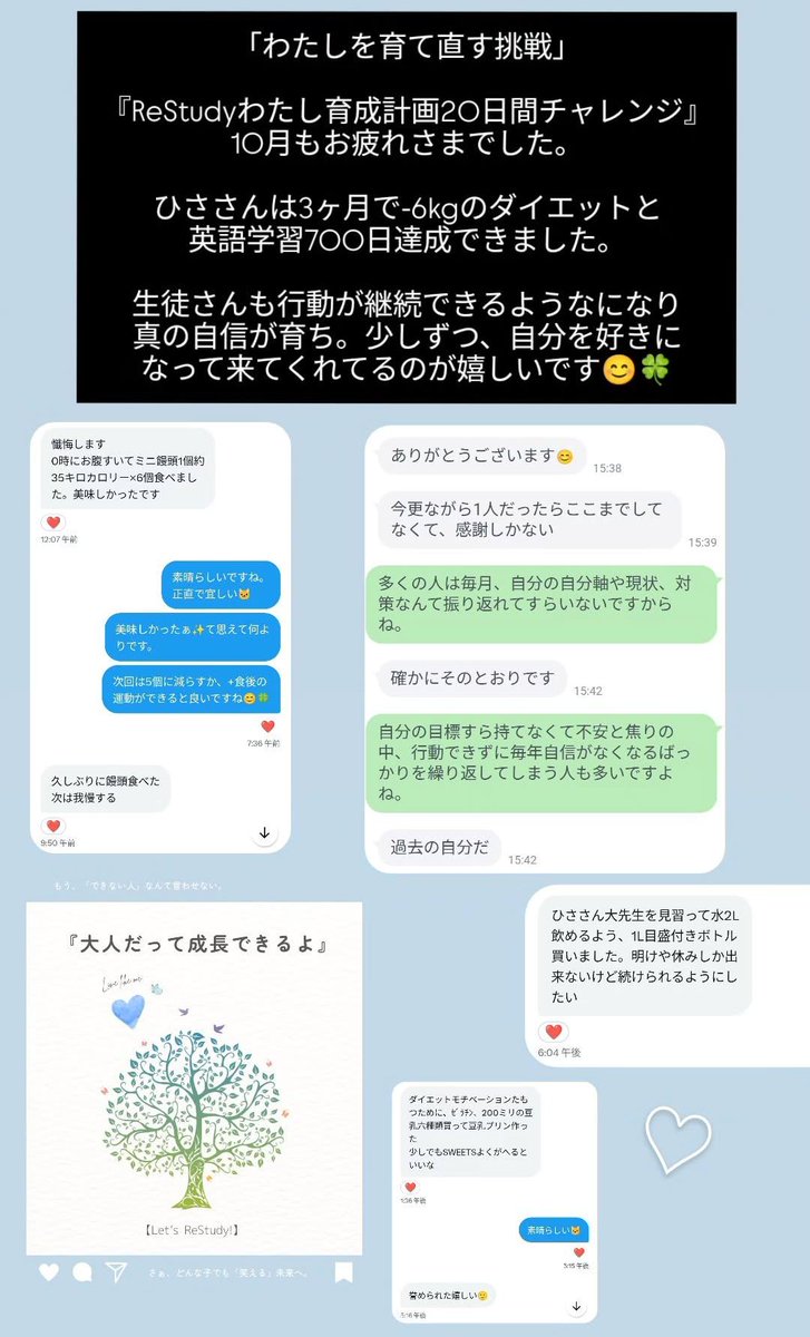 hisacoaching's tweet photo. 「わたしを育て直す挑戦」

『ReStudyわたし育成計画20日間チャレンジ』

10月もお疲れさまでした✨

ひささんは3ヶ月で-6kgのダイエットと英語学習700日達成できました。

生徒さんも行動が継続できるようなになり真の自信が育ち。

少しずつ、自分を好きになって来てくれてるのが嬉しいです😊🍀 https://t.co/WbRWauv0AL