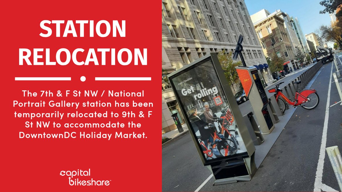 🚨 STATION ALERT 🚨

The 7th &amp; F St NW / National Portrait Gallery station has been temporarily relocated to 9th &amp; F St NW to accommodate the DowntownDC Holiday Market.