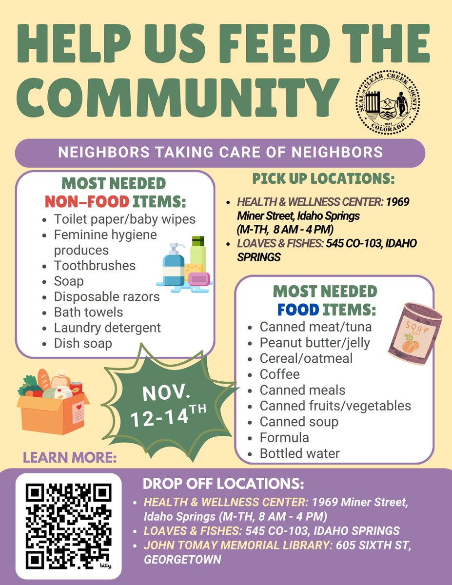 ClearCreekCoGov's tweet image. Clear Creek Community Food Drive: Nov. 12th–14th 

In partnership with Loaves &amp;amp; Fishes Food Bank, #ClearCreekCounty is working to help the community especially facing the government shutdown &amp;amp; SNAP uncertainty. Together, we help each other!

Need more help? Call 303-670-7518.