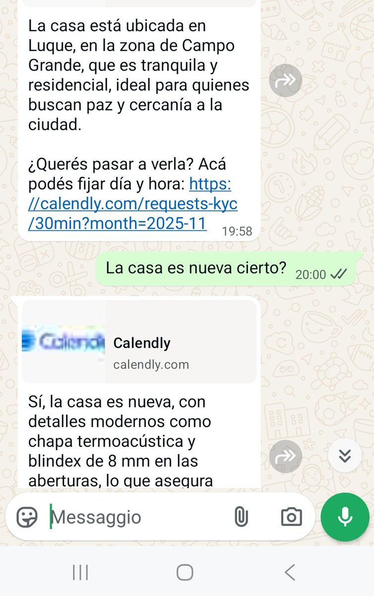 My house in Luque is ready to sell

For one house, I did what NO PRO REAL ESTATE AGENT has ever done in Paraguay

Fully automated WhatsApp chats with GPT5

Remembers all the chat before replying

And contrary to human agents in Paraguay, knows about the house it's selling