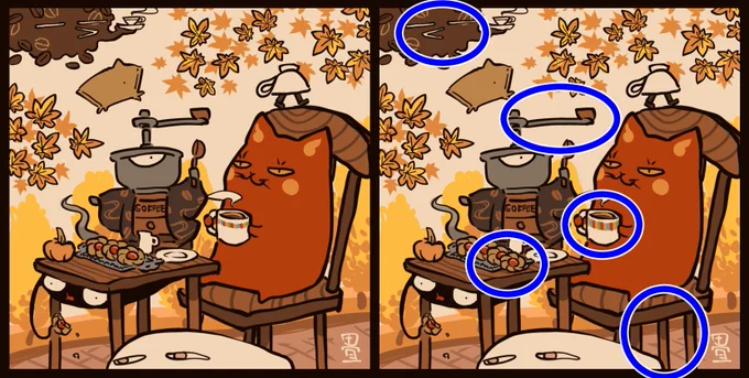 赤ねこまちがいさがしの答え。
見つけていただきありがとうございました☕️
#赤ねこあそび 