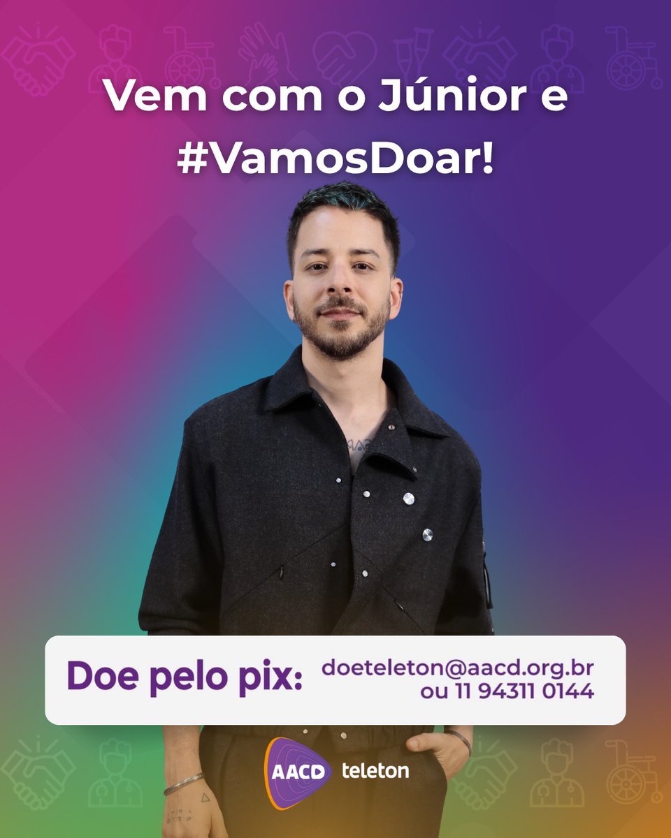 TeletonOficial's tweet image. O @junior_lima tá no palco! Vamos pular, vamos doar! O palco do #Teleton2025 ganha um novo refrão de amor e solidariedade! 🎤💜 E o convite está feito: vem com o Júnior e #VamosDoar! 🙌

💰 Doe agora e faça parte dessa corrente do bem:
🔑 Pix: doeteleton@aacd.org.br