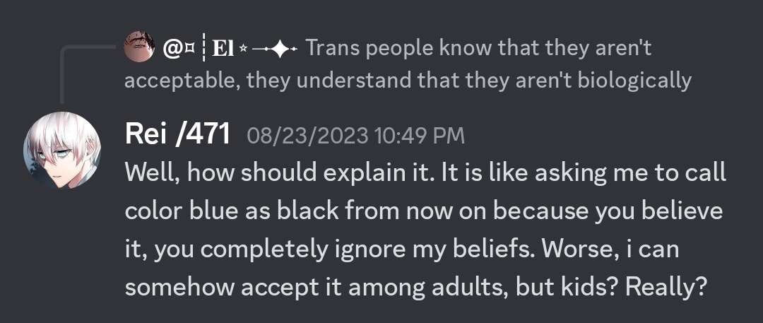 I was given permission to post this dm of Rei being transphobic