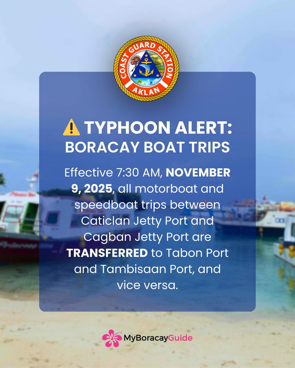 MyBoracayGuide's tweet image. ⚠️ Heads up, travelers! Boat trips to and from Boracay are rerouted due to the typhoon and are only allowed from sunrise to sunset. 

Plan your trip accordingly and stay safe! 🌊💨

#BoracayAdvisory #SafeTravels #TyphoonUWAN #UwanPH #WeatherUpdate