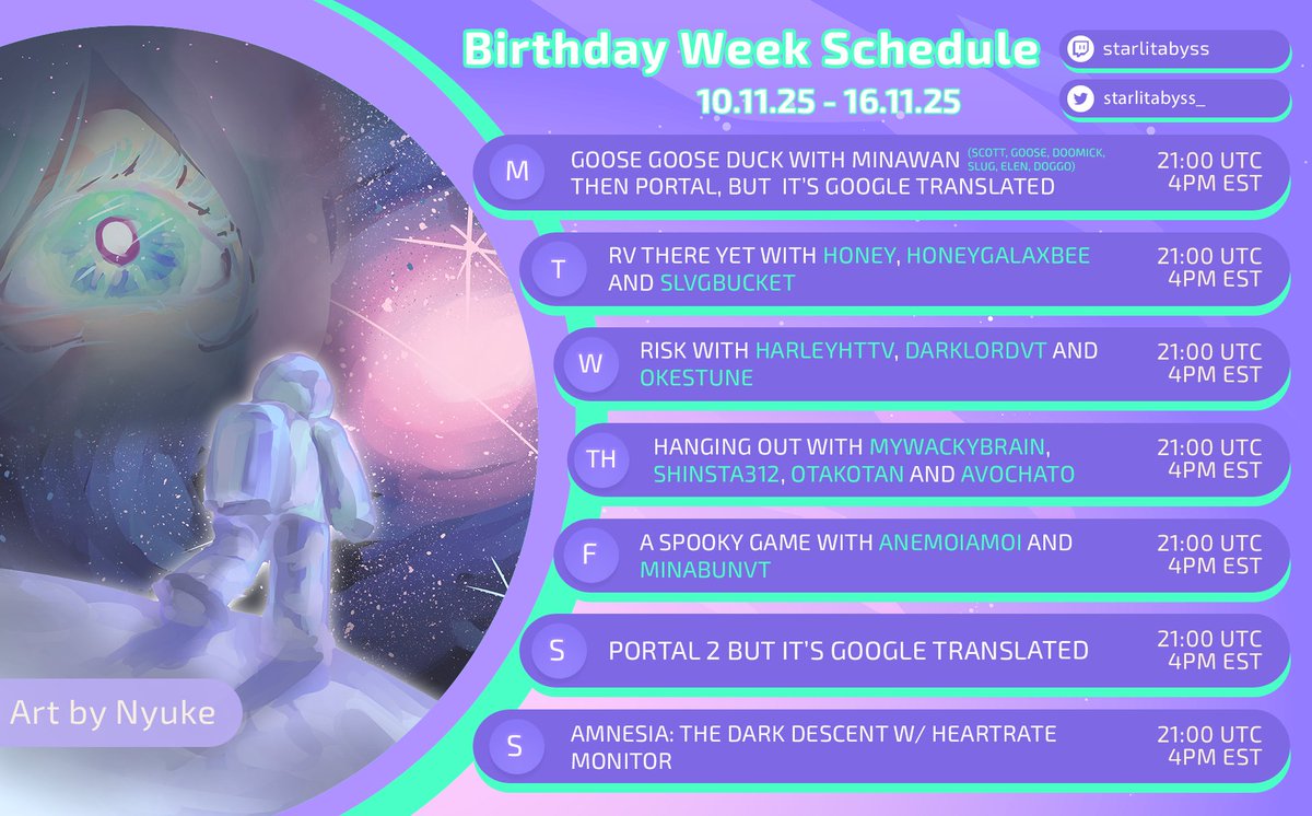 I don't normally use my twitter to promote streams (or tweet at all) but I got my birthday coming up and am doing a special week. 
twitch.tv/starlitabyss
thank you for your attention (‘～` )