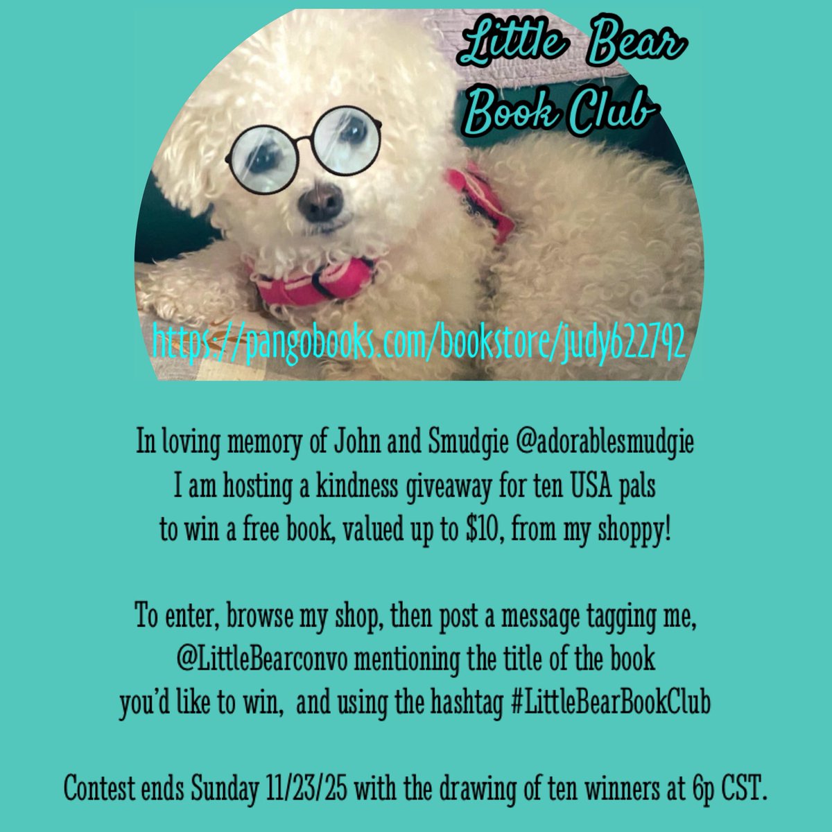 To honor John and Smudgie <a href="/adorablesmudgie/">adorable smudgie</a> who both recently passed away, I am doing a kindness drawing for 10 USA pals. 

Winners receive a free book, up to $10 value, from my shoppy. See details below. 
Book shoppy link:
pangobooks.com/bookstore/judy…

#OTLFP #KindnessMatters