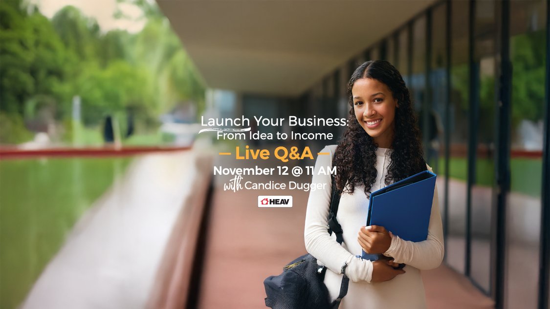 Join us LIVE on Wednesday, November 12 at 11 a.m. on Facebook, Instagram, or YouTube to meet Candice Dugger—creator of Launch Your Business: From Idea to Income! Bring your questions—this session is for both parents and students!