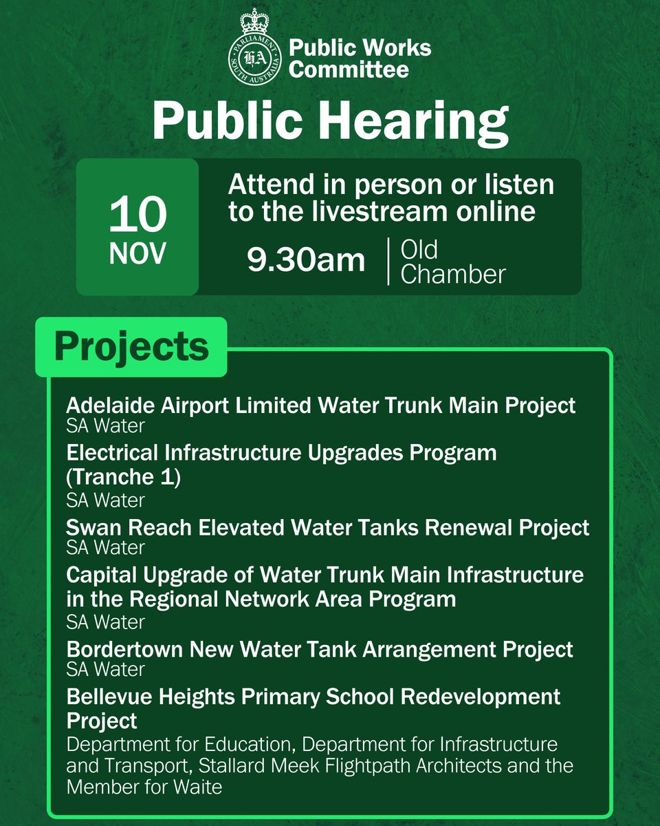 The Public Works Committee is meeting at 9.30am on Monday 10 November about 6 public works projects.  

Come in person, or listen live online: bit.ly/41cXIDp 

Queries: 
📧 PWC.Assembly@parliament.sa.gov.au 
📞 8237 9453
🔗 parliament.sa.gov.au/en/Committees/…