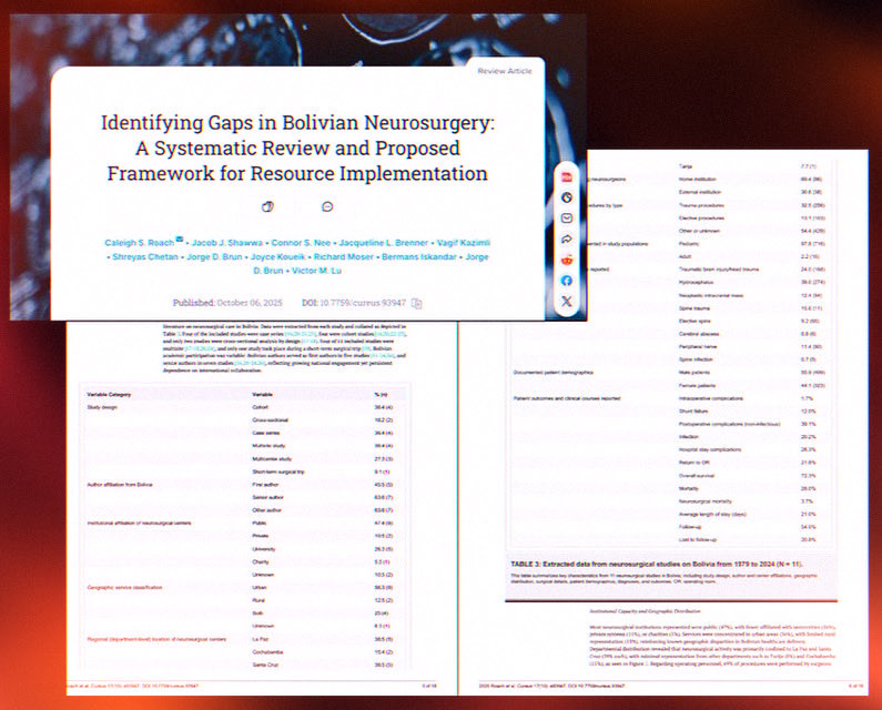 victorlumd's tweet image. This is a great effort by MS3 Caleigh  and resident Jorge to systematically identify areas to help elevate the standard of neurosurgery in Bolivia 🇧🇴 . More attention = more improvement 📈.