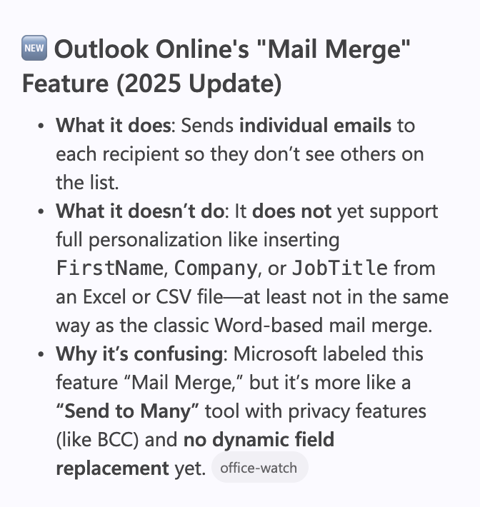 MicrosoftStory's tweet photo. As an Outlook Online user, I want the ability to start a Mail Merge, but I don't want to actually have the ability to do a mail merge, so that I can be frustrated and have another reason to tell IT to drop Microsoft.

#uxfail #microsoft #outlook https://t.co/TndNFJm08V