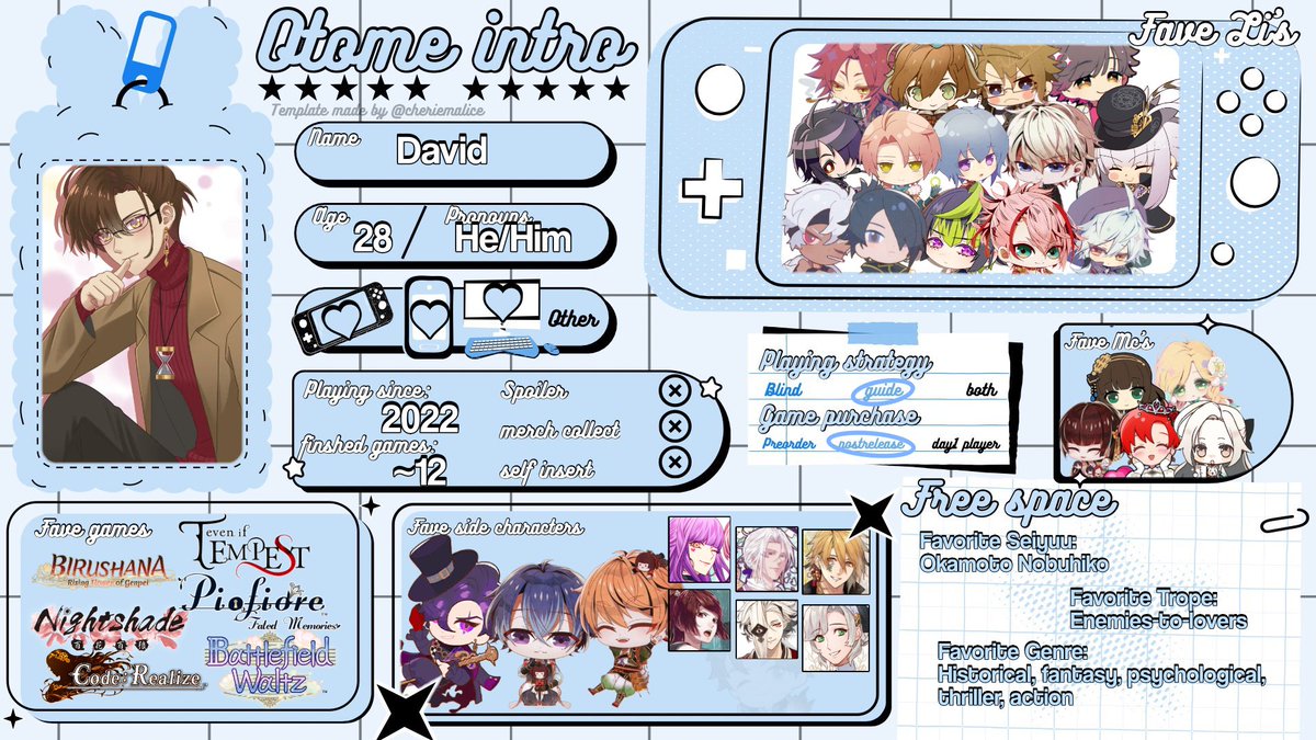Gwyn_Hade's tweet image. Hello!! Very happy to make my first otome intro!! It&apos;s nice to meet everyone ;D

I&apos;d love to make new friends in the community! Feel free to interact with me to talk about anything related to otome :3 

Template by: Cheriemalice
#otometwtintro #otomeintro #otometwt