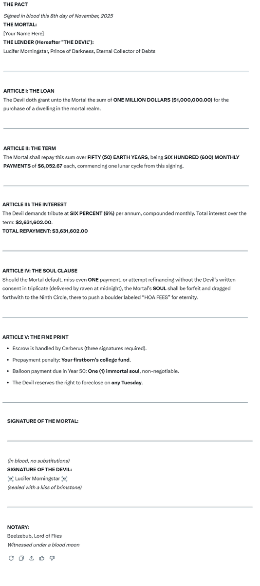 I had SuperGrok draw up a standard 50-year mortgage contract y'all can use: