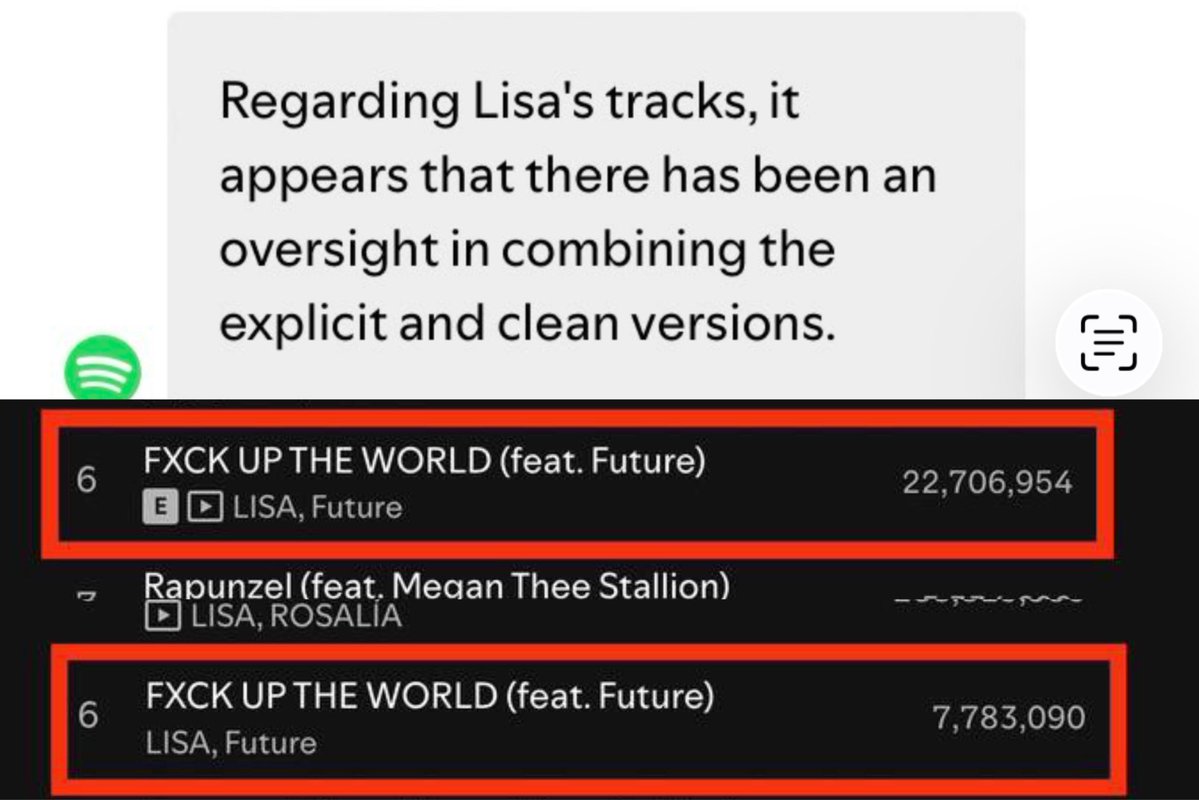 lsdowner's tweet image. yeah someone who has connection inside spotify is sabotaging lisa lmao from splitting all the streams from her album to lower her debut streams, to separating the streams of every track with clean and explicit versions, now her playlist getting deleted lmao