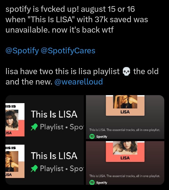 lsdowner's tweet image. yeah someone who has connection inside spotify is sabotaging lisa lmao from splitting all the streams from her album to lower her debut streams, to separating the streams of every track with clean and explicit versions, now her playlist getting deleted lmao