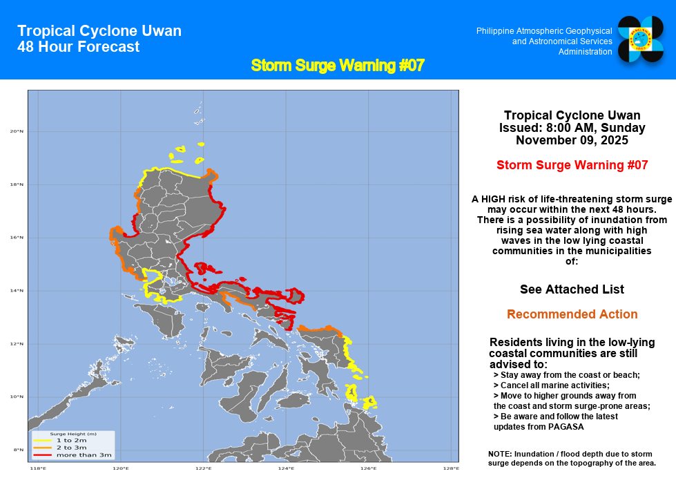 ⚠️ Babala sa Daluyong o #stormsurge
Inilabas ng DOST-PAGASA, 8:00 AM, Nob. 9, 2025, 
dahil sa Bagyong #UwanPH.

Iwas sa tabing-dagat, lumikas kung kinakailangan, at sundin ang abiso ng awtoridad.

#IntegratedStateMedia
#ISM