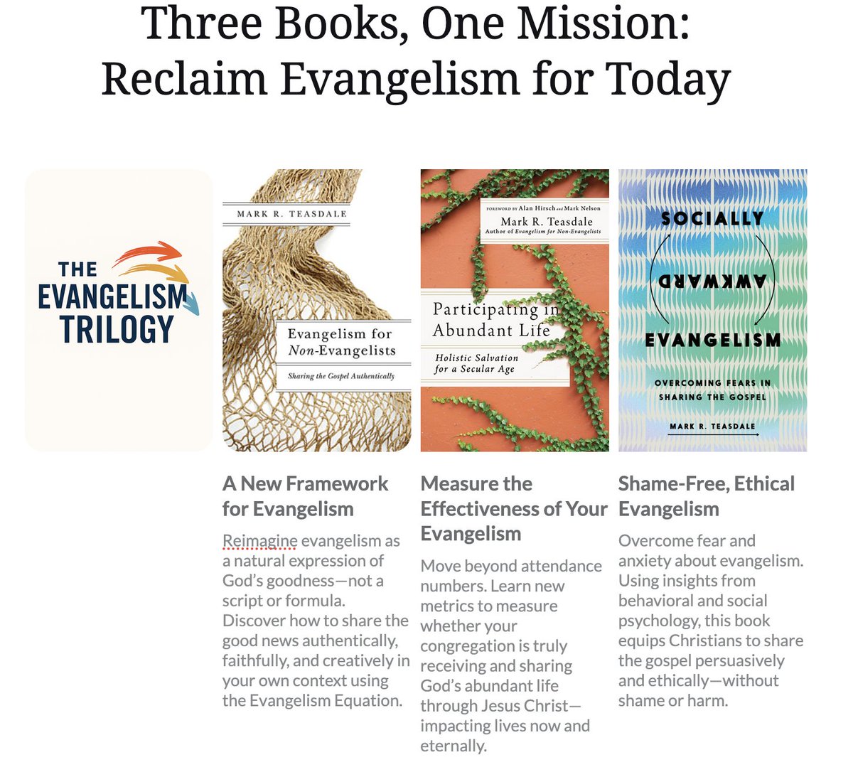 With  the release of the new book next Spring, we officially have The  Evangelism Trilogy! Everything individual Christians and congregations  need to reconsider what evangelism is, practice it with confidence, and  measure how effective they have been. markteasdale.net/index.php/tril…
