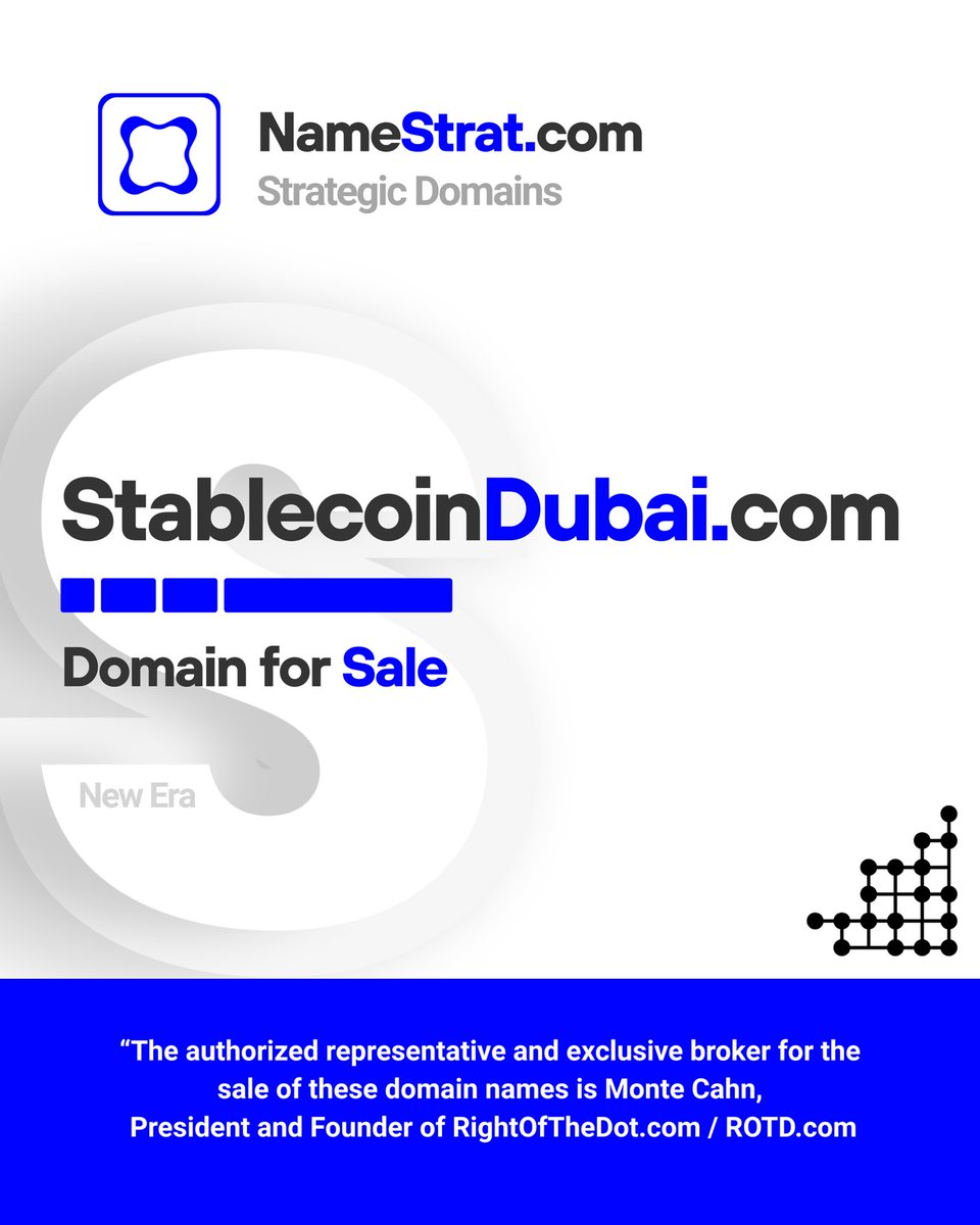CerebraRobotics's tweet photo. StablecoinDubai dot com 

Dubai is becoming a global hub for digital payments and on-chain settlement.
Perfect name for a stablecoin or fintech platform.

#stablecoin #fintech #digitalpayments #Dubai #UAE https://t.co/9QlCYvHVBG