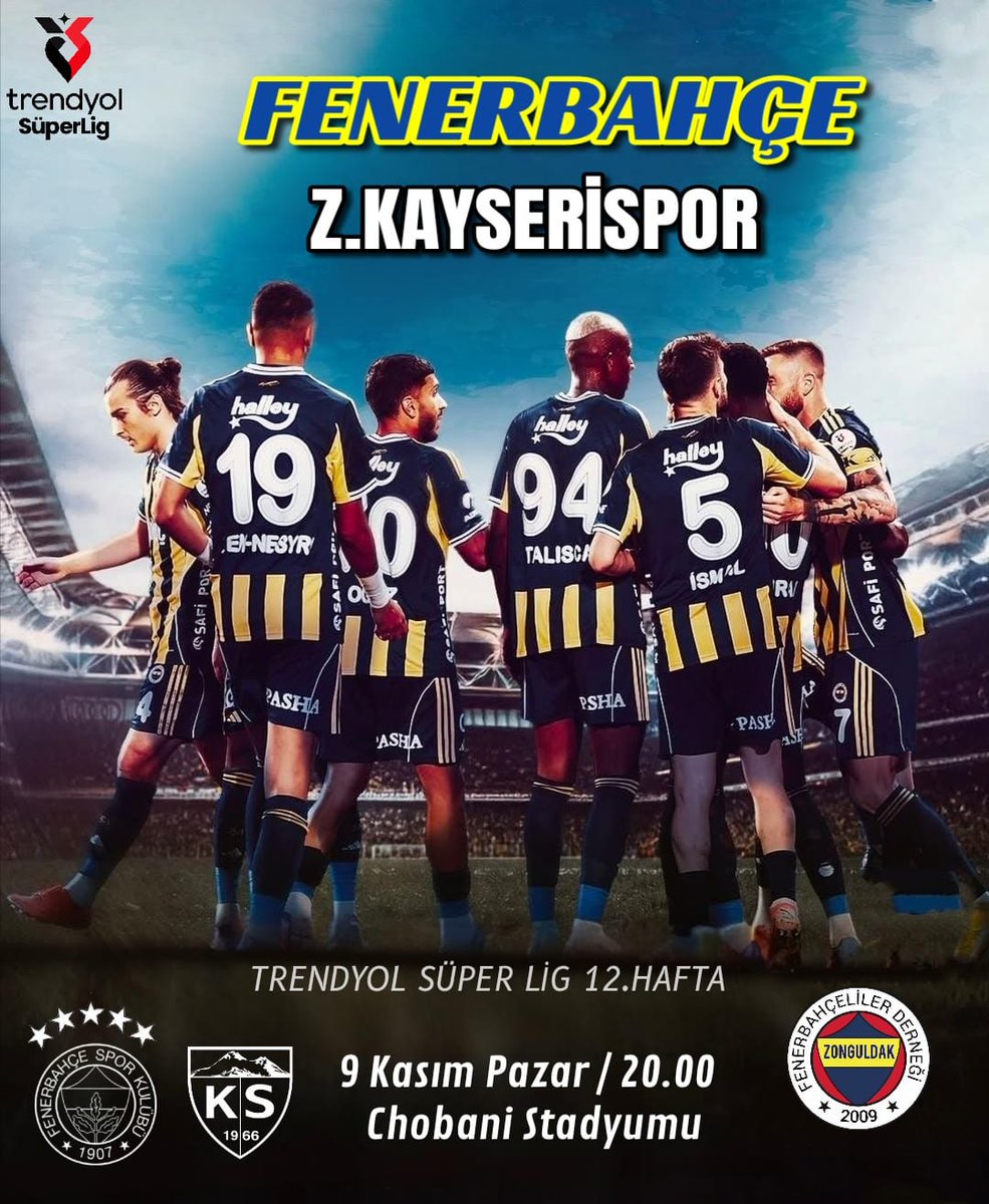 🏆 Trendyol Süper Lig

🆚 Z. Kayserispor 
🗓️ 9 Kasım Pazar 
🕗 20.00 
🏟️ Chobani Stadyumu 
📲 #FBvKS