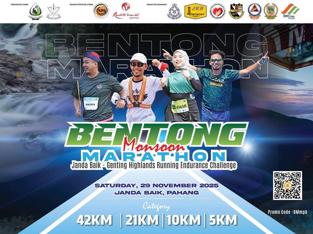 Pendaftaran Bentong Marathon 2025 masih terbuka.

🌸29 Nov 2025 (Sabtu)
🌸Janda Baik - Genting Sempah
🌸5km, 10km, 21km dan 42km
🌸Promo code 👉🏻 BMRaff001

checkpointspot.asia/event/BM25 <a href="/youngsyefura/">Rara ✨</a>