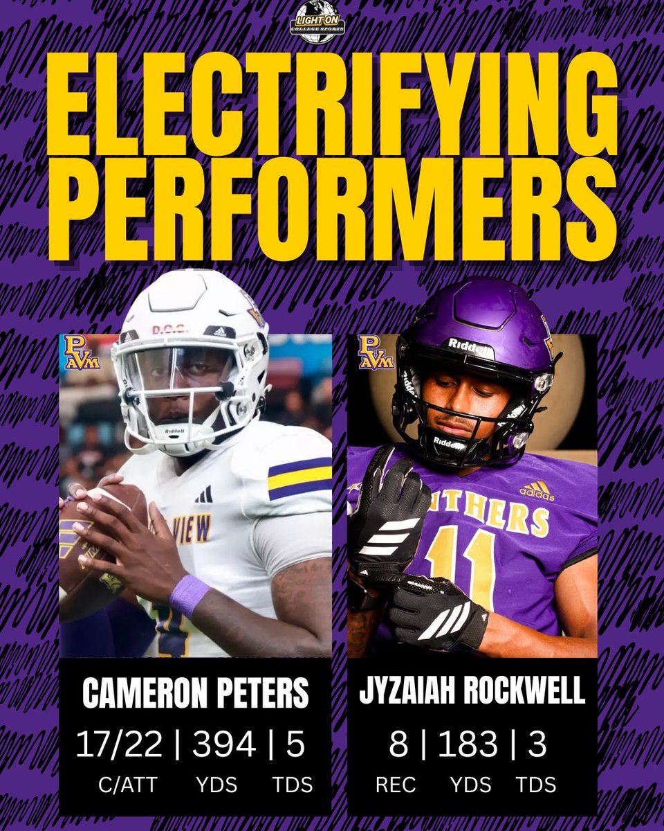 Prairie View A&amp;M’s QB-WR duo of Cameron Peters and Jyzaiah Rockwell put on a show against AAMU today 🔥

Cameron Peters: 
17/22 | 394 YDS | 5 TDS

Jyzaiah Rockwell:
8 REC | 183 YDS | 3 TDS

<a href="/pvamufb_/">Prairie View A&M Football</a>